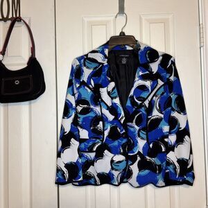 Vintage 80s Small Luciano Dante Blazer Bold Blue Black White Graphic Print